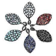 Polymer Clay Rhinestone Pendants, with Gemstone Chip/Natural Shell Chip and PU Leather, Horse Eye, Gunmetal, PP12(1.8~1.9mm), 51~52x32~33x7~8mm,  Hole: 9mm(RB-S056-12B-B)