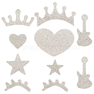 7 Style Glitter Rhinestone, Iron on Patches, with Self-Adhesive, Dress Shoes Garment Decoration, Crown & Star & Heart & Eyelash & Guitar & Crown, Crystal, 24~75x33~80x1.5~2mm, 8pcs/bag(DIY-FH0003-50)