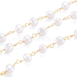 3.28 Feet Handmade Acrylic Imitation Pearls Beaded Chains, with Brass Findings, Long-Lasting Plated, Soldered, Light Gold, bead: 15x7x6mm(X-CHC-M021-11LG)