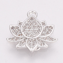 Brass Micro Pave Cubic Zirconia Charms, Lotus, Nickel Free, Real Platinum Plated, 13x13x2mm, Hole: 1mm(X-KK-T025-07P)
