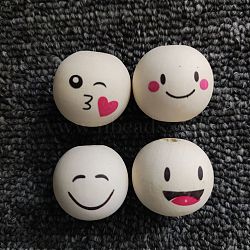 4Pcs 4 Styles Round Printed Wood European Beads, Face Print Large Hole Beads, Undyed, BurlyWood, 24~25x23mm, Hole: 5.5mm, 1pc/style(WOOD-WH0036-06)