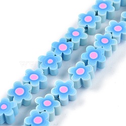 Handmade Flower Printed Polymer Clay Beads Strands, Flower, Light Sky Blue, 9.6x4mm, Hole: 1.4mm, about 38pcs/Strand, 12.99 inch (33cm)(X-CLAY-M003-07J)
