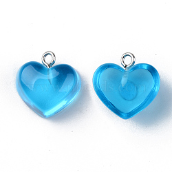 Transparent Resin Pendants, with Platinum Tone Iron Loop, Heart, Dodger Blue, 16.5x17x9.5mm, Hole: 1.8mm(RESI-R429-30D)