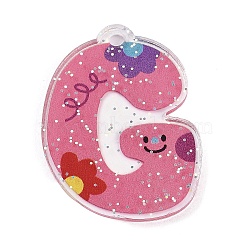 Acrylic Pendants, with Glitter Power, Letter with Smiley Face, Letter G, 29~38x21.5~34.5x2.8mm, Hole: 3mm(MACR-R002-02G)