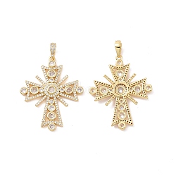 Cross Brass Micro Pave Clear Cubic Zirconia Pendants, Cadmium Free & Nickel Free & Lead Free, Real 18K Gold Plated, 49mm, Hole: 4.5x6.5mm(KK-G435-25G)