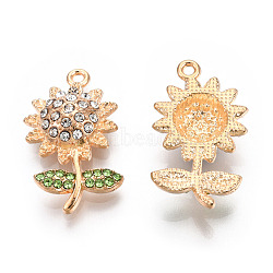 Rack Plating Alloy Pendants, with Rhinestone, Sunflower, Light Gold, Cadmium Free & Nickel Free & Lead Free, Peridot, 26x15x5mm, Hole: 1.5mm(PALLOY-T077-224)