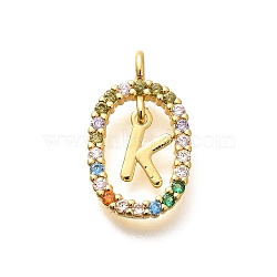 Brass Micro Pave Cubic Zirconia Pendants, Real 18K Gold Plated, Oval with Letter Charms, Letter K, 18.5x11x3.5mm, Hole: 2x1.5mm(ZIRC-P123-01G-K02)