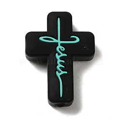 Silicone Beads, Cross with Word Jesus, Black, 30x22x8mm, Hole: 2.5mm(SIL-Z010-01H)