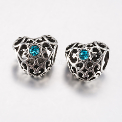 Tibetan Style Alloy Rhinestone European Beads, Large Hole Beads, Heart, Antique Silver, Light Blue, 12x12.5x10mm, Hole: 5mm(PALLOY-F200-06C)