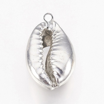 Electroplated Shell Pendants, Cowrie Shells, Silver Color Plated, 20~30x12~18x7~12mm, Hole: 3mm