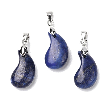 Natural Lapis Lazuli Dyed Pendants, Magatama Shaped Charms with Platinum Tone Brass Snap on Bails, Long-Lasting Plated, Lead Free & Cadmium Free, 21.6x11.3x7.1mm, Hole: 5x4mm