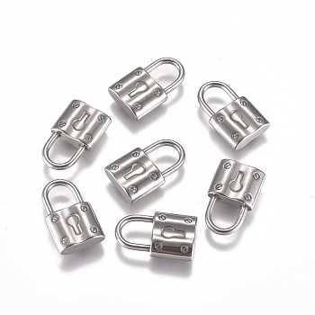 304 Stainless Steel Pendants, Lock, Stainless Steel Color, 17x10.5x4mm, Hole: 5.5x6.5mm