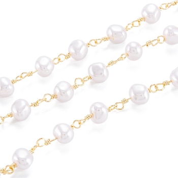 3.28 Feet Handmade Acrylic Imitation Pearls Beaded Chains, with Brass Findings, Long-Lasting Plated, Soldered, Light Gold, bead: 15x7x6mm