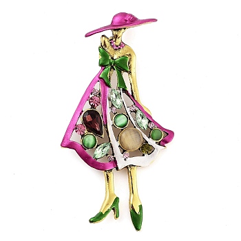 Zinc Alloy Rhinestone Girl Brooches, Elegant Lady Enamel Pins for Women, Antique Golden, Fuchsia, 79x41.5mm