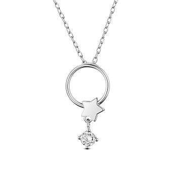 SHEGRACE Rhodium Plated 925 Sterling Silver Pendant Necklaces, with Grade AAA Cubic Zirconia, Ring with Star, with S925 Stamp, Platinum, 15.75 inch(40cm)