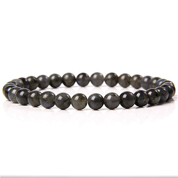 Natural Larvikite Round Beaded Stretch Bracelet, 