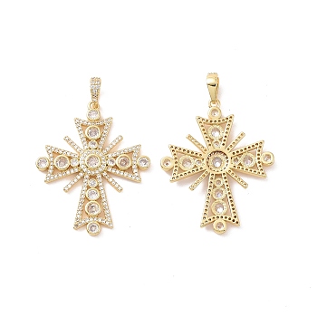 Cross Brass Micro Pave Clear Cubic Zirconia Pendants, Cadmium Free & Nickel Free & Lead Free, Real 18K Gold Plated, 49mm, Hole: 4.5x6.5mm