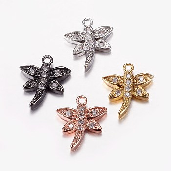 Long-Lasting Plated Brass Micro Pave Cubic Zirconia Charms, Dragonfly, Mixed Color, 14x12x2.5mm, Hole: 1mm