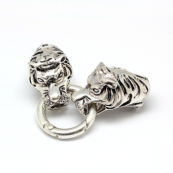 Tibetan Style Alloy Animal Tiger Head Spring Gate Rings, O Rings with Two Cord Ends for Bracelet Making, Antique Silver, 67x24.5mm, Hole: 10mm