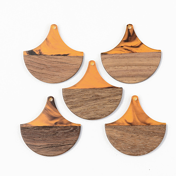 Resin & Walnut Wood Pendants, Fan, Orange, 38x38x3mm, Hole: 2mm