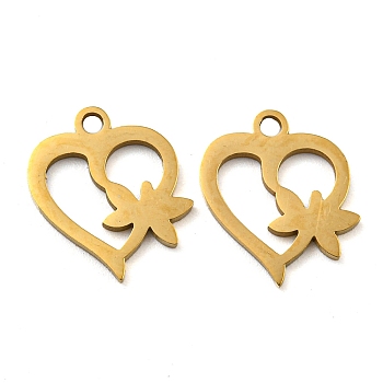 Ion Plating(IP) 316 Surgical Stainless Steel Charms, Laser Cut, Heart with Dragonfly Charms, Real 18K Gold Plated, 14x12x1mm, Hole: 1.6mm