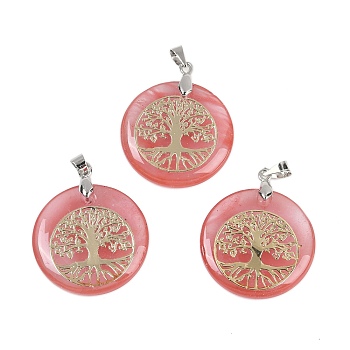 Cherry Quartz Glass Flat Round Pendants, Tree of Life Charms with Rack Plating Platinum Tone Brass Snap on Bails, Cadmium Free & Lead Free, 30.5~32x25~25.5x6.5~7.5mm, Hole: 4.5x3.5mm