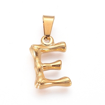 304 Stainless Steel Pendants, Bamboo Style, Letter, Golden Color, Letter.E, 18x12x3mm, Hole: 3x7mm