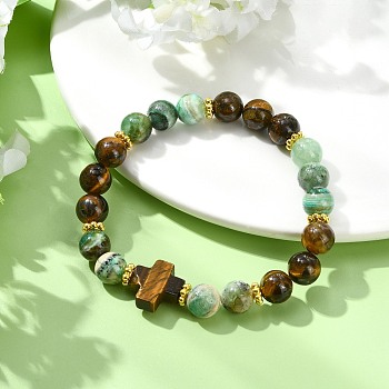 Natural Tiger Eye & Green Line Jasper & Alloy Beads Stretch Bracelets for Women Men, Round & Cross, Golden, Inner Diameter: 2.05 inch(5.2cm)