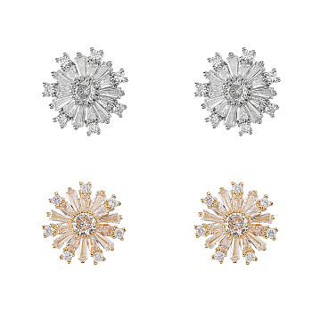 4Pcs 2 Styles Brass & Alloy Micro Pave Clear Cubic Zirconia Shank Buttons, 1-Hole, Flower, Platinum & Light Gold, 15.5~16x15.5~17x7mm, Hole: 1.4~6mm, 2pcs/style