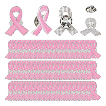 60Pcs Breast Cancer Awareness Pink Ribbon Enamel Pins, Platinum Alloy Badges for Backpack Clothes, Hot Pink, 25.5x20.5x1.5mm