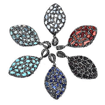 Polymer Clay Rhinestone Pendants, with Gemstone Chip/Natural Shell Chip and PU Leather, Horse Eye, Gunmetal, PP12(1.8~1.9mm), 51~52x32~33x7~8mm,  Hole: 9mm