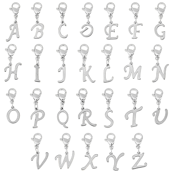 26Pcs 304 Stainless Steel Letter Pendant Decorations, Lobster Claw Clasps Charms, for Keychain, Purse, Backpack Ornament, Stainless Steel Color, Letter A~Z, 25~29mm, 26pcs/set, 1 set/box