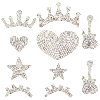 7 Style Glitter Rhinestone, Iron on Patches, with Self-Adhesive, Dress Shoes Garment Decoration, Crown & Star & Heart & Eyelash & Guitar & Crown, Crystal, 24~75x33~80x1.5~2mm, 8pcs/bag