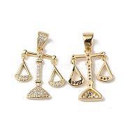 Rack Plating Brass Micro Pave Cubic Zirconia Pendants, Lead Free & Cadmium Free, Long-Lasting Plated, Libra Charm, Moving Scales Charm, Real 18K Gold Plated, 24x19x3.5mm, Hole: 4.5x6mm(KK-F848-04G)