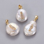 Natural Cultured Freshwater Pearl Pendants, with Brass Micro Pave Cubic Zirconia Findings, Nuggets with Letter, Long-Lasting Plated, Golden, Clear, Letter.I, 17~27x12~16x6~12mm, Hole: 4x2.5mm(KK-L187-A-01I)