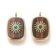 Natural Tiger Eye & Synthetic Malachite Pendants, with Real 18K Gold Plated Brass Findings, Long-lasting Plated, Rectangle with Sun, 27x16.8x6mm, Hole: 3mm(KK-P184-01A-10G)