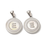 304 Stainless Steel Pendants, Flat Round Shell Charms with Letter, Stainless Steel Color, Letter E, 20.5x17.5x1.5mm, Hole: 2.5x4.5mm(STAS-I204-E-P)