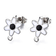 304 Stainless Steel Enamel Stud Earring Findings, with Loop and Ear Nuts/Earring Backs, Flower, White, 12.5x9mm, Hole: 1mm, Pin: 0.8mm(STAS-T052-43P-01)