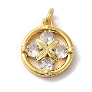 Rack Plating Brass Micro Pave Cubic Zirconia Pendants, with Jump Ring, Long-Lasting Plated, Lead Free & Cadmium Free, Flat Round with Leaf, Real 18K Gold Plated, 16x13.7x3.4mm, Hole: 3mm(KK-K377-47G)