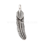 Retro 304 Stainless Steel Big Pendants, Feather Charm, Antique Silver, 80x18.5x9.5mm, Hole: 5x9mm(STAS-I205-13AS)
