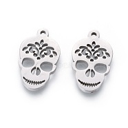 201 Stainless Steel Pendants, Manual Polishing, Sugar Skull, For Mexico Holiday Day of the Dead, Stainless Steel Color, 17x10.5x1.5mm, Hole: 1.2mm(STAS-F231-033P)