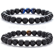 2Pcs 2 Style Natural Tiger Eye & Lava Rock & Synthetic Black Stone Round Beaded Stretch Bracelets Set(SF6156-2)