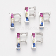 Brass Cubic Zirconia Slide Charms, Real Platinum Plated, Colorful, Letter, Letter.F, 18x13x4.5mm, Hole: 1x2mm and 1x5mm(ZIRC-S063-01F-P)
