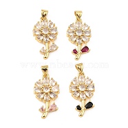 Real 18K Gold Rack Plating Brass Micro Pave Cubic Zirconia Pendants, Long-Lasting Plated, Cadmium Free & Lead Free, Flower Charms, Mixed Color, 24.5x13.5x3.5mm, Hole: 3.5x4.5mm(ZIRC-L100-138G)