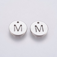 Non-Tarnish 304 Stainless Steel Charms, Flat Round with Letter, Stainless Steel Color, Letter.M, 10x1mm, Hole: 1mm(X-STAS-P212-15P-08)