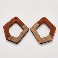 Resin & Walnut Wood Pendants, Waxed, Polygon, Brown, 35.5x32.5x3~4mm, Hole: 2mm(RESI-S384-004A-A01)