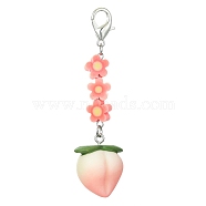 Fruit Resin Pendant Decoration, Zinc Alloy Lobster Claw Clasps and Flower Polymer Clay Beads Charm, Peach, 77mm(HJEW-JM01554-04)