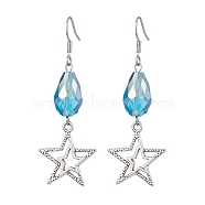 Alloy Star Dangle Earrings, Brass Glass Teardrop Earrings for Women, Platinum, 58x20.5mm(EJEW-JE05873)