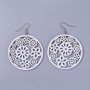 Wood Dangle Earrings, with Platinum Tone Iron Earring Hooks, Flat Round with Flower, White, 70mm, Pendants: 49.5x2~2.5mm, Pin: 0.5mm(X-EJEW-L219-G01)