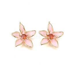 Brass Enamel Pendants, with Glass, Real 18K Gold Plated, Flower Charm, Pink, 19x16x5mm, Hole: 1mm(X-KK-S368-13G-03)